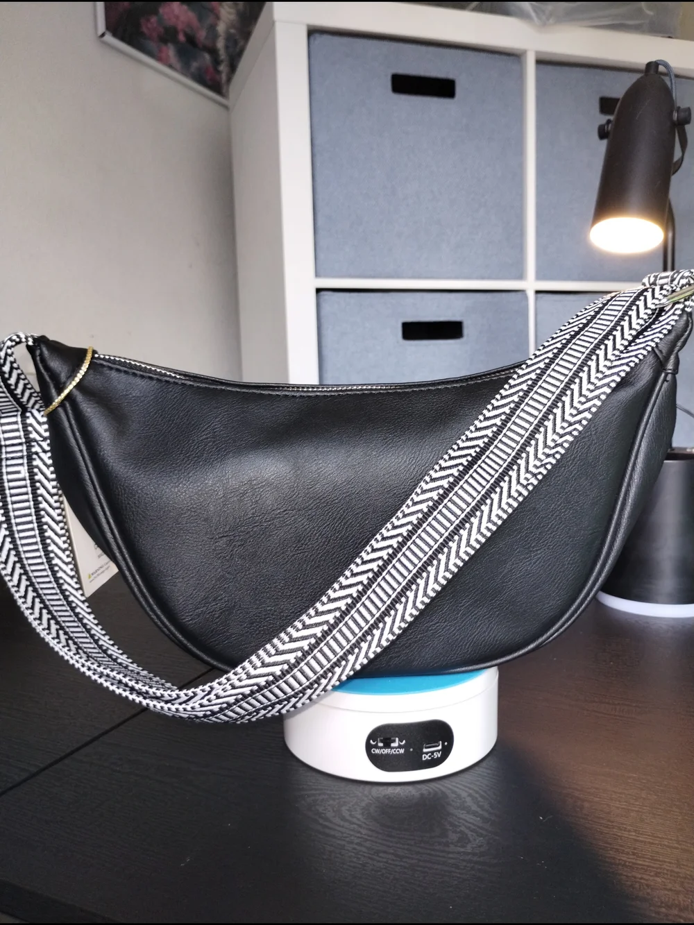 Black Vegan Leather Shoulder Bag with Patterned Strap
